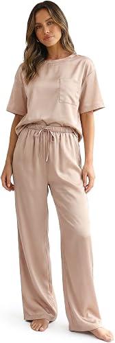 Zylioo Womens Pajama Sets Tall Satin 2 Piece Pajamas for Women Set Short Sleeve Top & Long Pants Silky Sleepwear