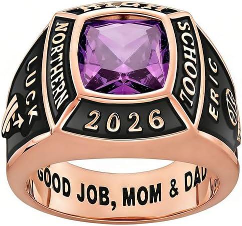 10K/14K/18K Gold Personalied High School College Class Ring for Mens Customized Text and Birthstones Ring Graduation Gift for Men Size 3-16