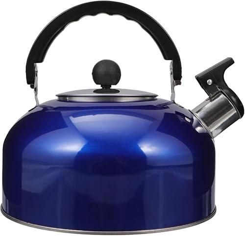 2L Whistling Tea Kettle Blue Stainless Steel Boiling Kettle with Ergonomic Handle Suitable for Induction and Gas Stoves Color Large Capacity for Daily Use Pouring Water or Tea