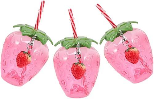 Healifty 12 Sets 500ml Strawberry Cups with Straw Strawberry Keychains Pendant Cute Plastic Drinking Cups with Lid Portable Tumbler Fruit Shape Milk Tea Juice Water Cup for Girls Women
