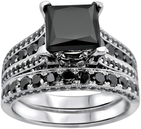 Drizzle Jewels 3Ct Princess Cut Lab Created Black Diamond Sterling Silver 925 Bridal-Sets Engagement Ring 14k White Gold Finish
