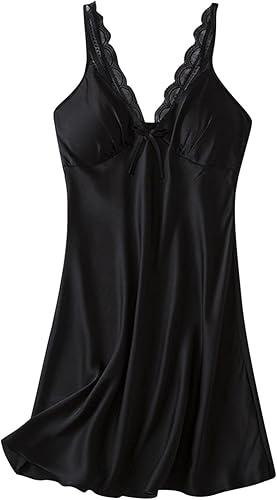 Oplxuo Women's Satin Nightgowns with Built in Bra Lace Trim Sleep Dress Sleeveless Silk Sleepwear Spaghetti Strap Nightdress