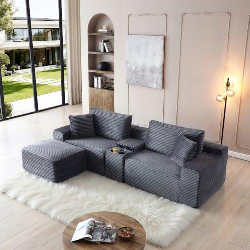 Modular Sectional Sofa, Deep Seat Corduroy Cloud Couch with Cup Holders No Assembly Required