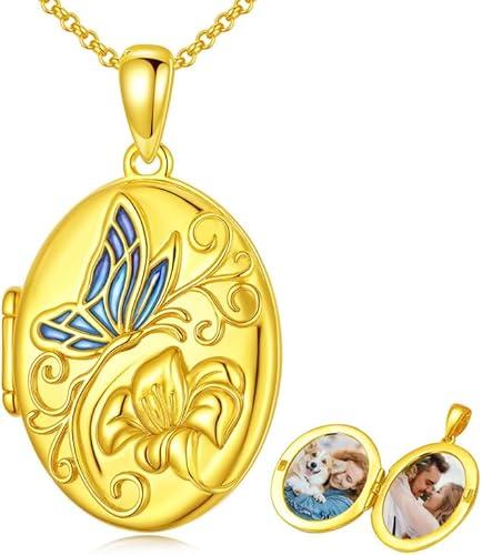 SOULMEET Gold Oval Butterfly Locket Necklace That Holds 2 Pictures, Personalized Memorial Insects Photo Flower Butterfly Oval Shaped Locket Gift for Her Mother Women
