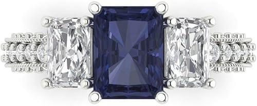 Clara Pucci 14K Solid Gold Engagement Ring for Women | 3.61 cttw Blue Sapphire Emerald Cut Three-Stone | Real White Gold Wedding Ring