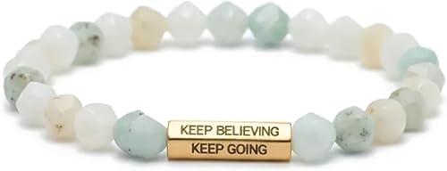 HOPE LOVE SHINE Rhodonite Amazonite Beaded Stretch Bracelet with Inspirational Affirmation Poem, Natural Stone Spiritual Healing Bracelet with Engraving