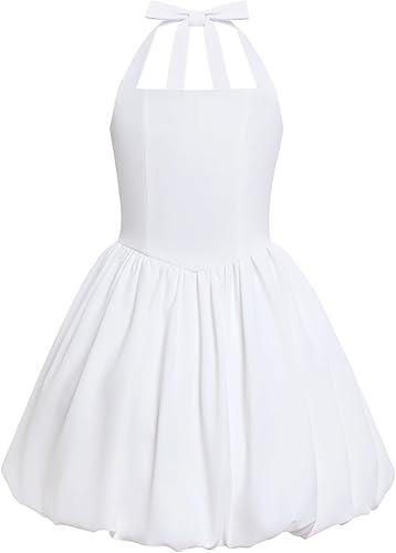 OBEEII Kids Girls Halter Bubble Ruffle Dress Summer Sleeveless A-line Solid Color Midi Dress Elegant Formal Prom Gown