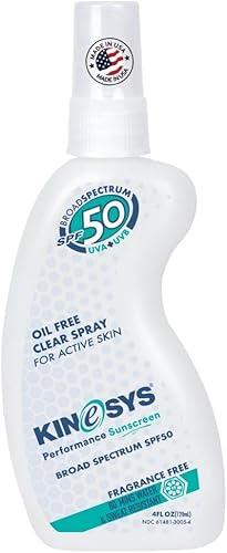 KINeSYS Fragrance Free Clear Spray Sunscreen for sensitive skin, SPF 50, Hypoallergenic, Broad Spectrum UVA/UVB protection for Face & Body; PABA and Oxybenzone FREE, 700+ Sprays, 4 Fl Oz/120 mL
