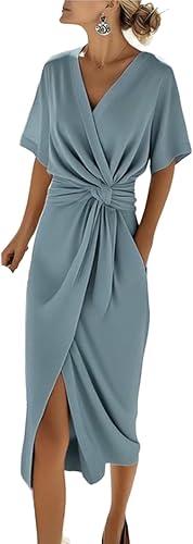 Womens Tie-Waist Midi Dress with Side Slit:Solid Color V-Neck Short Sleeve Casual Wrap Dresses Workout Loose Fit
