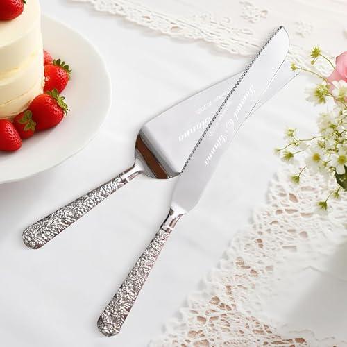 2 PCS Wedding Cake Knife and Server Set, Silver Cake Cutting Set, Vintage Engraved Cake Cutter and Elegant Serving Spatula for Birthday, Party, Anniversary
