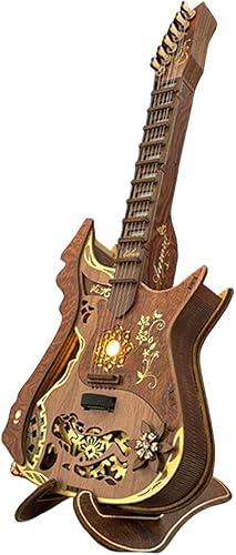 3D Wooden Puzzle for Adults, Mechanical Chord Guitar Wooden Model Kit to Build, 114PCS DIY Assembly Steampunk Puzzle Guitar with LED Lights Playable Strings, Craft Decor Gift