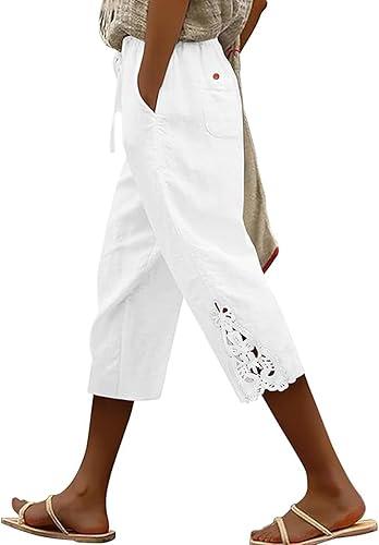 Cotton Capri Pants for Women Lace Stitching Straight Leg Capris Summer Casual Elastic Drawstring Pockets Cropped Pants