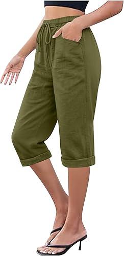 Summer Pedal Pushers for Women with Roll Hem High Elastic Drawstring Capris Pants Side Pocket Athletic Trousers