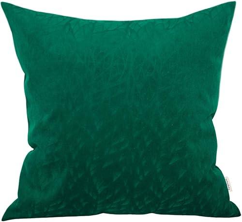 TangDepot Solid Velvet Decorative Pillow Covers/Euro Pillow Shams, Super Soft Velour, Micro Embossed Leaf Texture and Shape, Euro Pillow Shams, Cushion Cover - (24"x24", Deep Green)