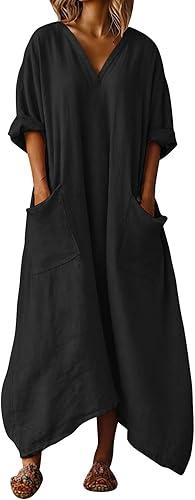 Oplxuo Linen Maxi Dresses for Women 2026 Cotton Gauze V Neck 3/4 Sleeves Dress Asymmetric Boho Flowy Sundress with Pockets