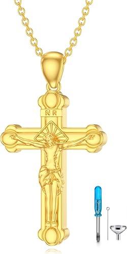 14K Gold Crucifix Cross Urn Necklace for Ashes, 10K/14K/18K Real Gold Jesus Cross Cremation Necklace Jewelry for Men Personalized Custom Keepsake Necklace Memorial Locket Ash Holder