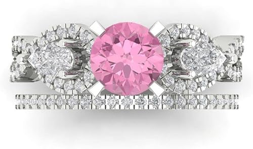 Wedding Ring Set for Women - 14K Solid Gold, White Gold Simulated Pink Diamond Engagament Ring and Stacking Zirconia Wedding Band Bridal Set, 1.925 tcw