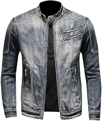 Men's Vintage Stand Collar Denim Jacket Casual Lightweight Distressed Motorcycle Coat Slim Zipper Warm Jean Jacket