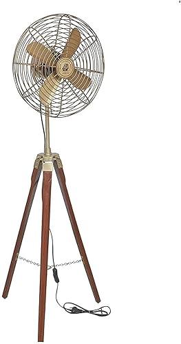 ROYAL CRAFT Handmade Brass Antique Electric Floor Fan with Wooden Tripod Stand – Vintage Industrial Pedestal Fan – Retro Designer Cooling Fan for Living Room, Office, Studio & Home Decor