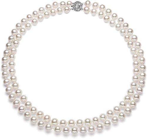 PremiumPearl Double Strand White Freshwater Cultured Pearl Necklace for Women AA+ Quality with Sterling Silver Clasp 16"
