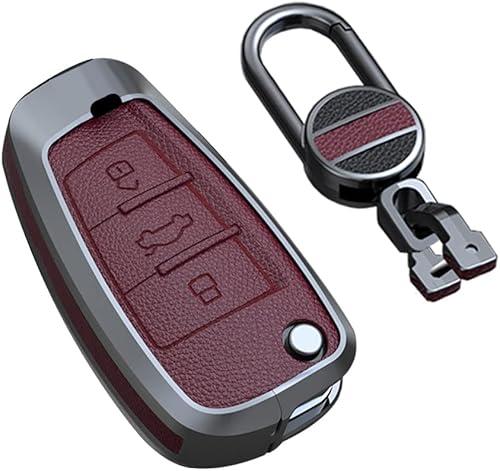SANRILY Keyless Wine Red Flip Key Fob Cover for Audi Q3 Q7 A3 A1 TT R8 Metal Leather Key Case Shell with Keychain