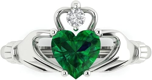 Clara Pucci 14K Gold Claddagh Cocktail Statement Ring | 1.05 cttw Simualted Emerald Heart Cut | Womens White Gold Fashion Jewelry
