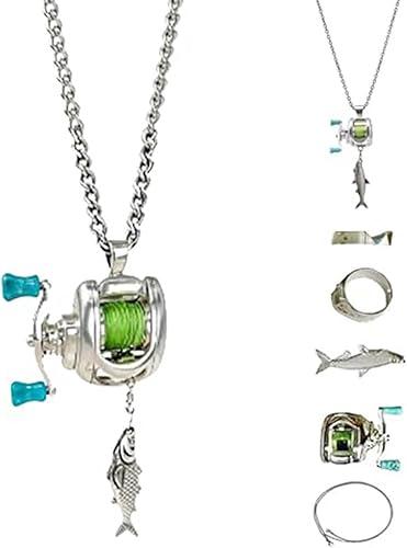 Fishing Reel Necklace, Necklace with Rotating Handle & Moving Line Guide, Interactive Angler Jewelry for Fishing Enthusiasts (with Ring)
