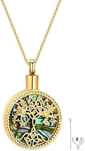 14K Gold Tree of Life Urn Necklace for Ashes 10K/14K/18K Real Gold Cremation Necklace for Women Family Tree Personalized Keepsake Necklace Memorial Locket Ash Holder for Women Men Grandpa Pet