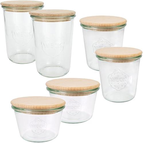 Weck Jars Set (6 Preserving Jars, 2 x 250 ml, 2 x 500 ml, 2 x 750 ml with Wooden Lid, for Preserving/Storing Food) 79213 — 16% off