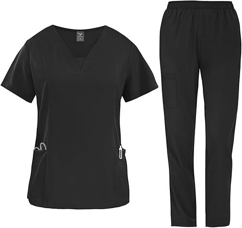 2 Pcs Scrubs Sets for Women Stretch Wide Leg Pants & V-Neck Short Sleeve Tops Plus Size Medical Scrub Sets