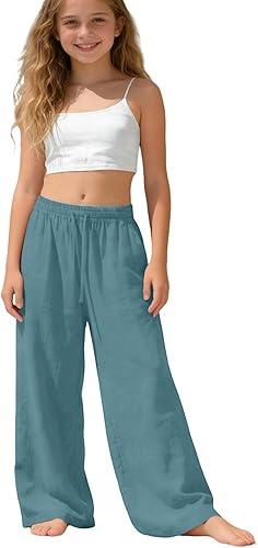 Wide Leg Linen Pants Girls Elastic Waist Casual Lightweight Flowy Palazzo Pant Loose Fit School Beach Lounge Trousers