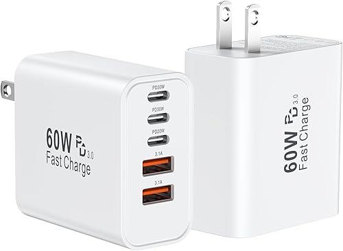 USB C Fast Charger Block, 60W USBC Wall Charger Plug, 2Pack 5-Port Type C Phone Charging Cubes Power Adapter Multiport Brick for iPhone 17/16/15/14/13/12/11/Pro Max/Plus/Air, iPad mini/Pro,Galaxy S25 — 15% off
