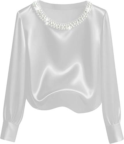 Women's Pearl Decor Silk Satin Tops Long Sleeve Crewneck Blouses Dressy Casual Business Work Shirts
