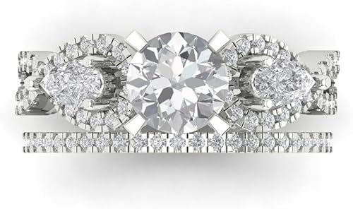 Wedding Ring Set for Women - 14K Solid Gold, White Gold White Sapphire Engagament Ring and Stacking Zirconia Wedding Band Bridal Set, 1.925 tcw