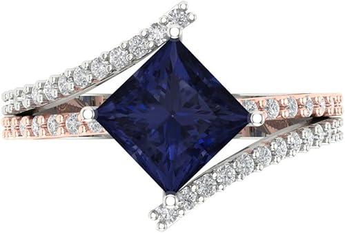 Clara Pucci 14K Solid Gold Engagement Ring for Women | 2.3075 cttw Blue Sapphire Princess Cut Solitaire with Accents | Real White/Rose Gold Wedding Ring