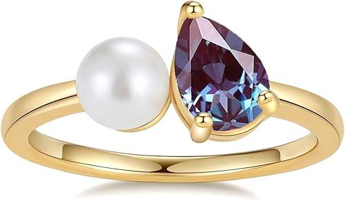 10K 14K 18K Gold Pearl and Gemstone Toi Et Moi Rings for Women Freshwater Cultured Pearl and Pear Birthstone Ring Unique Engagement Anniversary Ring Jewelry Gifts for Her
