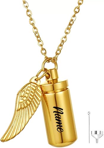 14K Gold Angel Wing Urn Necklace for Ashes, 10K/14K/18K Real Gold Cylinder Cremation Necklace for Women Men Pet Cremation Jewelry Keepsake Necklace Memorial Ash Holder