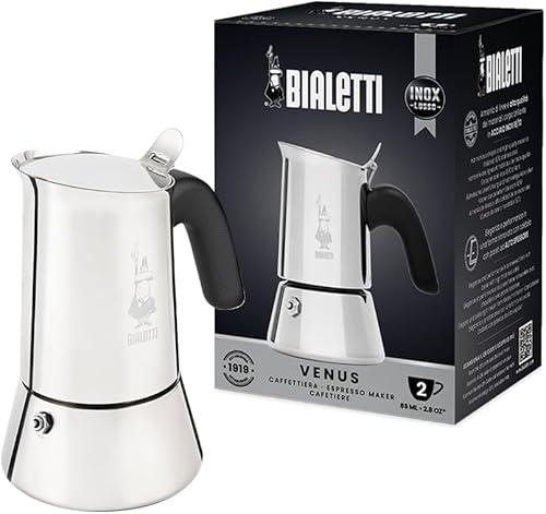 Bialetti - New Venus, stainless steel espresso coffee machine, suitable for all types of stoves, 2 cups (85 ml), aluminium, silver (Not induction safe)