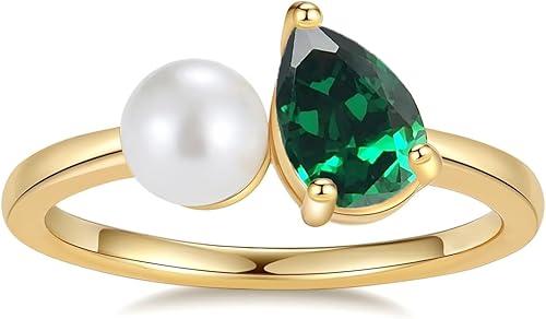 10K 14K 18K Gold Pearl and Gemstone Toi Et Moi Rings for Women Freshwater Cultured Pearl and Pear Birthstone Ring Unique Engagement Anniversary Ring Jewelry Gifts for Her
