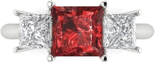 Clara Pucci 14K Solid Gold Engagement Ring for Women | 2.5 cttw Garnet Princess Cut Three-Stone | Real White Gold Wedding Ring