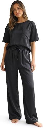 Zylioo Womens Pajama Sets Tall Satin 2 Piece Pajamas for Women Set Short Sleeve Top & Long Pants Silky Sleepwear