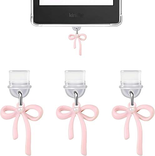 3Pcs Charms for Kindle, Pink Bow Dust Plug Charm Compatible with Kindle with Type C Charging Port, Coquette Gift for Book Lover Reader Men Women Teachers Students, Accessories for Kindle