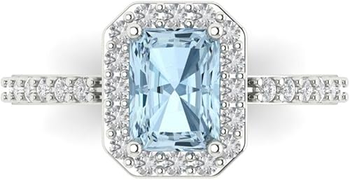 Clara Pucci 14K Solid Gold Engagement Ring for Women | 1.92 cttw Aquamarine Emerald Cut Solitaire with Accents | Real White Gold Wedding Ring