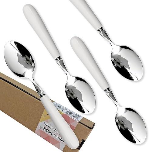 16.5cm 6.5inch Quality 18-10 Stainless Steel Fine Dessert Spoon With Round Edge, White Ceramics Handle Sus304 Mirror-Finished Silverware For Daily Meals, Hosting (4Pcs Spoon 6.5IN)