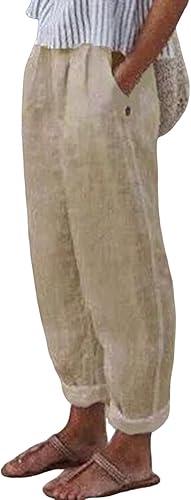 FZYLQY Women's Summer Pants Casual Loose Cotton Linen Pants Elastic High Waist Wide Leg Plus Size Beach Trousers with Pockets