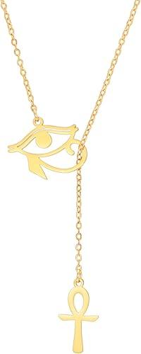 EUEAVAN Ankh Cross Y Necklace Key of Life Eye of Horus Pendant Cartouche Long Chain Protection African Coptic Amulet Ancient Egyptian Religious Jewelry Gift for Women Men