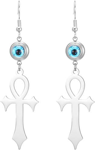 Ankh Cross Evil Eye Earrings Key of Life Earrings Cartouche Africa Coptic Protection Amulet Ancient Egyptian Religious Jewelry Gift for Women