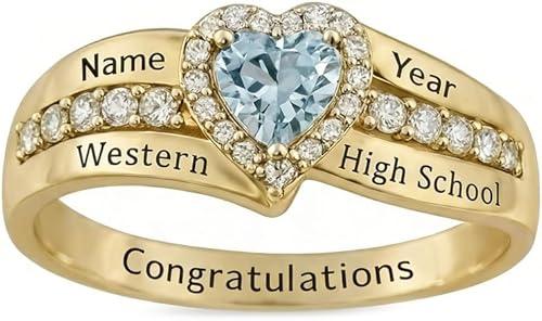 10K/14K/18K Solid Gold Customized High School College Class Ring for Women Customized Text and Birthstones Ring Graduation Gift for Women Size 3-16
