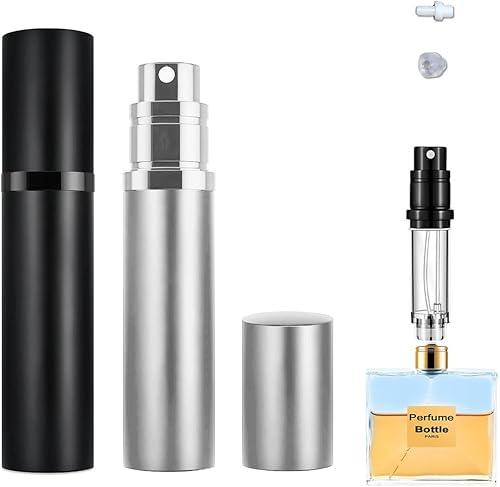 2PCS 5ml Perfume Atomizer Travel Refillable, Bottom-Filling Fragrances Perfumes Bottle, Pocket Atomiser for On the Go (Black & Silver)