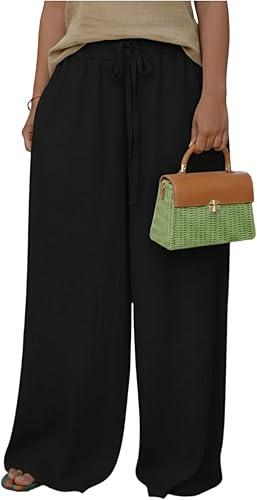 Women Linen Palazzo Pants Summer Boho Casual Lounge Wide Leg Elastic Waist Trousers